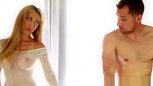 Busty blonde babe jerks dick