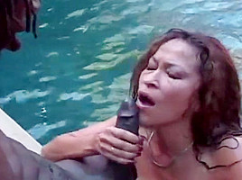 Busty saki sucks bbc in pool