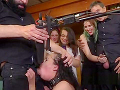 Busty sub gets deep throat and dp in public bar