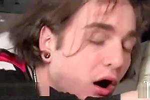 Busty tranny fucks guy in asshole in public toilet