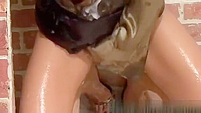 Classy lady getting slime shower by gloryhole cock