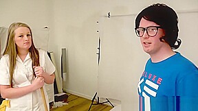 Cleaning Lady Gives a Nerdy Dude a Blowjob