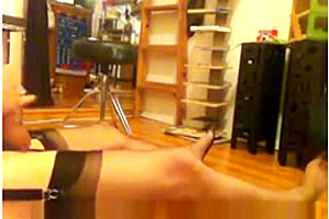 Crossdresser in black nylon stockings