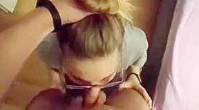 Cute blonde girl with glasses sucks dick