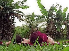Darci and Kissa lick and fuck in nature