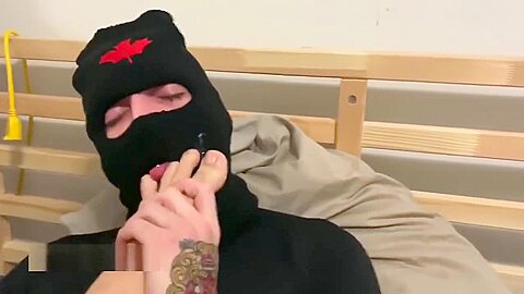 Discreet Jock in Lycra/Spandex gives BJ - POV worship plus Foot job