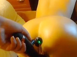 Doggy view of nice roung oiled ass buttplug vibrator pussy