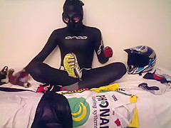 Drinking cum in wetsuit