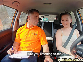 Driving Asian public fucked in car outdoor by instructor