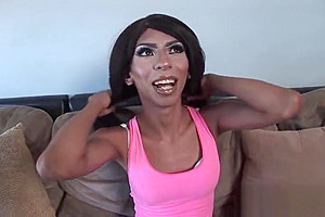 Ebony trans babe strips and jerks on audition
