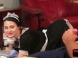 Femdom maid rubs pussy while boss jerks on her sexy body