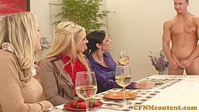 Femdom milfs fucking sub in CFNM group