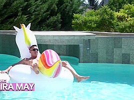 Filthy rich babe and a handsome gardener are fucking next to the swimming pool, during the day