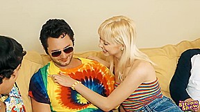 Frisky blonde is bouncing up and down while riding a rock hard cock during a party