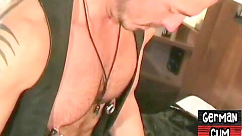 German pierced hunk swapping cum with 3some fucked stud