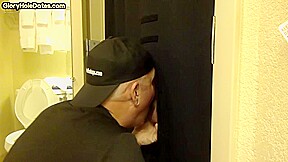 Gloryhole amateur DILF sucks and wanks BFs penis at home