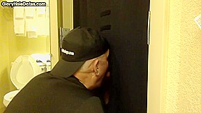 Gloryhole amateur DILF sucks and wanks BFs penis at home