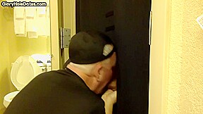 Gloryhole amateur DILF sucks and wanks BFs penis at home