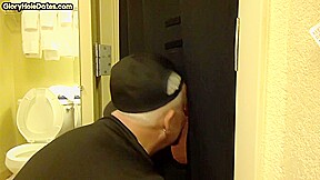 Gloryhole amateur DILF sucks and wanks BFs penis at home
