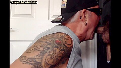 Gloryhole mature gay swallows cum after cocksucking