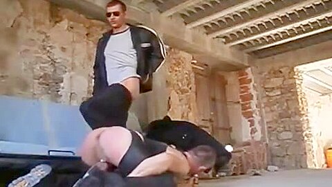 Golden shower, blowjob and fuck in neoprene and leather