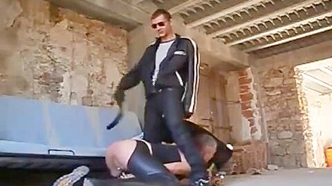 Golden shower, blowjob and fuck in neoprene and leather