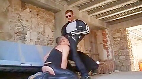 Golden shower, blowjob and fuck in neoprene and leather