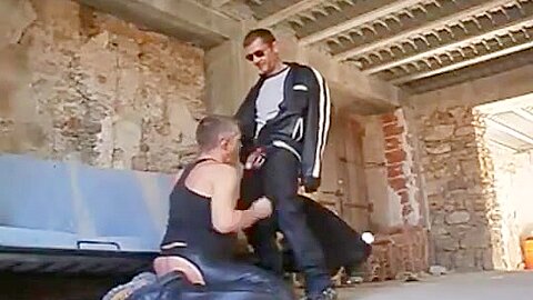 Golden shower, blowjob and fuck in neoprene and leather