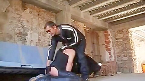 Golden shower, blowjob and fuck in neoprene and leather