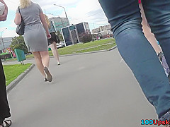 G-string upskirt shot of a slim chick in the bus
