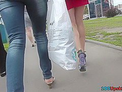 G-string upskirt shot of a slim chick in the bus