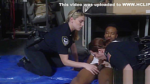 Horny criminal EBONY thick cock sucked by TWO MILFS