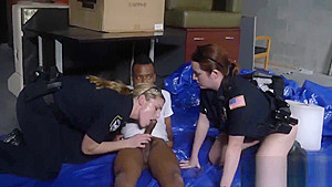 Horny criminal EBONY thick cock sucked by TWO MILFS
