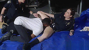 Horny criminal EBONY thick cock sucked by TWO MILFS