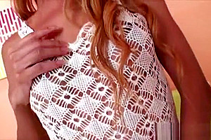 Huge cock Asian ladyboy strokes in stockings
