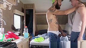 Inked stud barebacks gay stepson before creampie