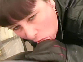 Leather loving lady gets a creamy facial
