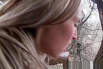 Long haired blonde fuckoing in public