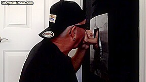 Mature DILF slurping on gloryhole cock till mouth spermed