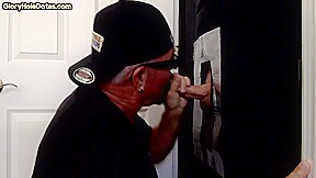 Mature DILF slurping on gloryhole cock till mouth spermed