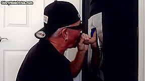 Mature DILF slurping on gloryhole cock till mouth spermed