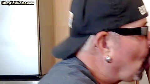 Mature homemade gay man sucking gloryhole cock at home