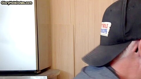 Mature homemade gay man sucking gloryhole cock at home