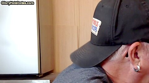 Mature homemade gay man sucking gloryhole cock at home