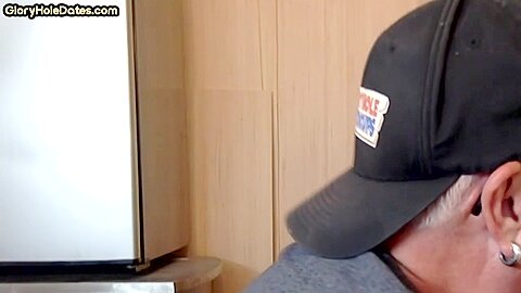 Mature homemade gay man sucking gloryhole cock at home