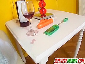 Mecumi plays with a stiff toy on her creamy love holes - More at Japanesemamas com