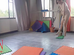Nudist Maid Cleans The Yoga Room  A Naked Cleaner Cleans Mirrors Sweeps And Mops The Floor  Cam 1