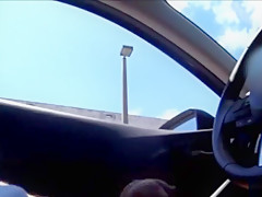 Perfect blonde sees how a man masturbates in his car
