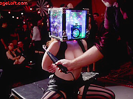 Public BDSM slut sits on toy but have no permission to cum