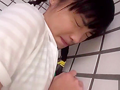 Racy flat chested Japanese youthful harlot fingering her pussy in public place